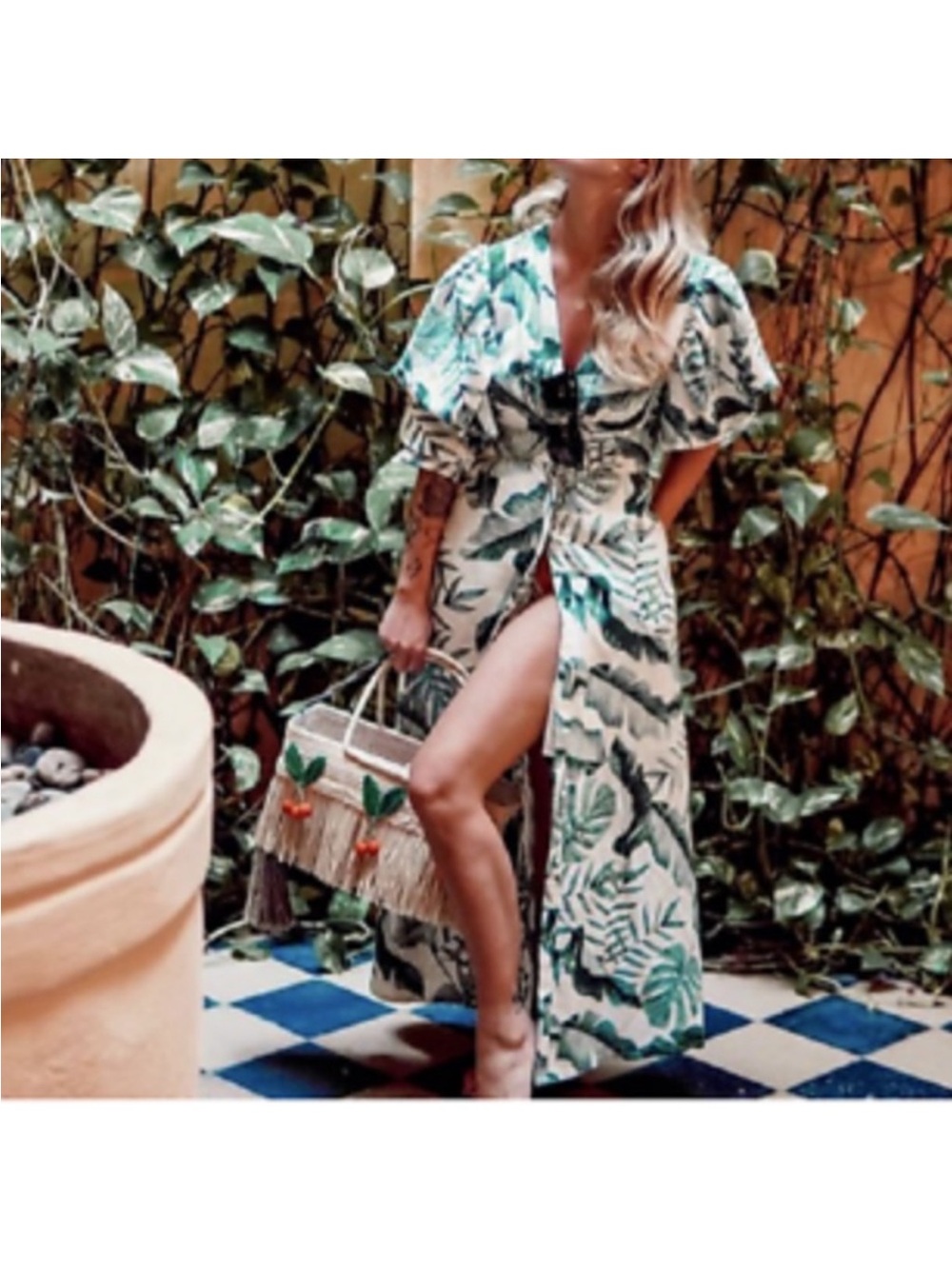 Johanna Ortiz x H&M Linen Blend Midi in Green Palm Leaf Dress
